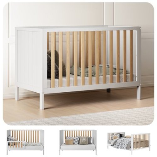 HARPPA 5-in-1 Convertible Baby Crib for Infant to Toddler, White + Natural
