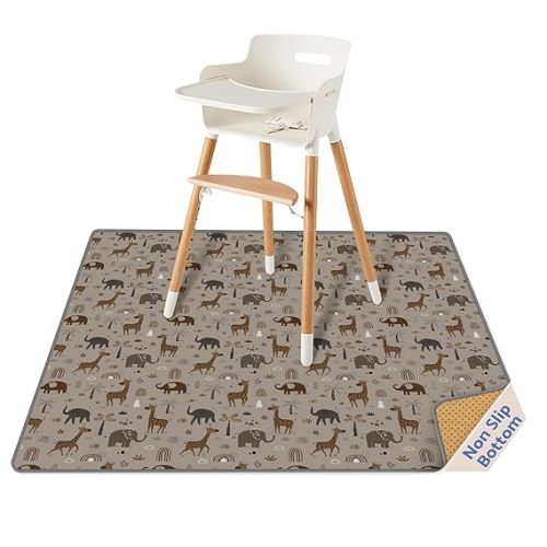Baby Splat Mat for Under High Chair, 51 x 51 Inch Splash Mat, Waterproof and Washable Spill Mat, Anti-Slip Floor Protector, Elephant&Giraffe - Elephant&giraffe