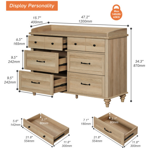 Wood Kids Dresser with 6 Drawers, Oak Nursery Dresser Chest of Drawers, Mid-Century Dresser for Bedroom