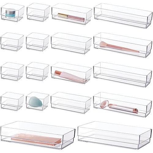 STORi SimpleSort 18-Piece Stackable Clear Drawer Organizer Set | Multi-size Trays | Makeup Vanity Storage Bins and Office Desk Drawer Dividers | Made in USA