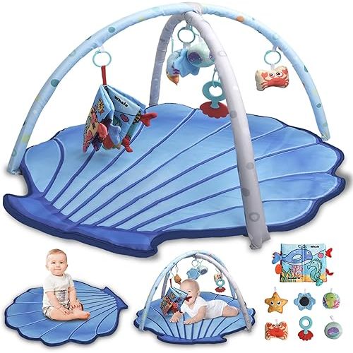 Baby Gym Play Mat for Babies 0-6 Months Infant Tummy Time Mat Activity Gym, Blue Shell Baby Gyms & Playmats Newborn Brain Sensory Development 6-12 Months, Baby Gifts