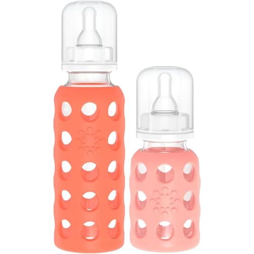 Lifefactory Glass Baby Bottles with Silicone Protection - 2-Pack, 4oz/9oz Bottles, Papaya & Cantaloupe