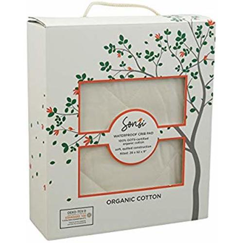 Sonsi Organic, Waterproof Baby Crib Mattress Protector Pad. Gift Box. No Polyester or Vinyl. Quilted, Breathable. Responsibly-Made with 100% GOTS-Certified Organic Cotton