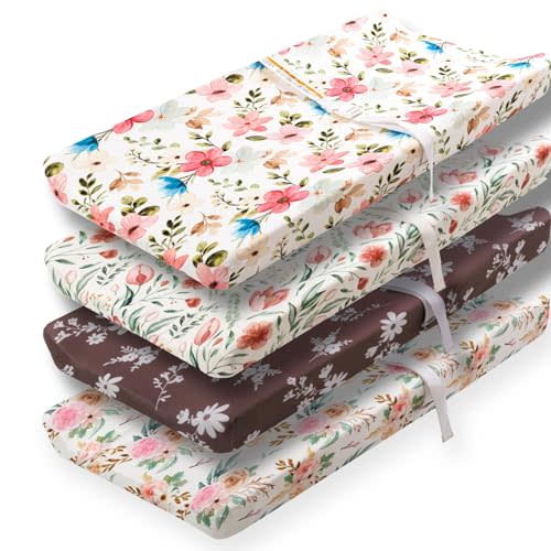 4 Pack Baby Girl Changing Pad Covers Sheets Set Soft Fitted Floral or Elephant Theme Baby Girl Mattress Covers Breathable Toddler Bed Sheets for Infant or Newborn Girls (Flower, Changing Pad Covers)