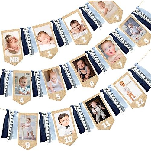 pinkblume 1st Birthday Burlap Photo Banner Garland Handmade Felt from Newborn to 12 Months with Dusty Blue Gray Ribbon for Baby Boy Girl Monthly Milestones First Birthday Party Decoration Supplies