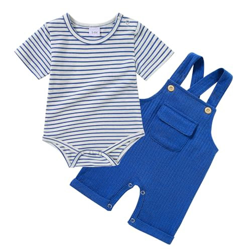 CARETOO Newborn Baby Boy Clothes Infant Boy Romper Fall Winter Outfits Bodysuit 2Pcs Striped Long Sleeve Top Overalls 0-18M