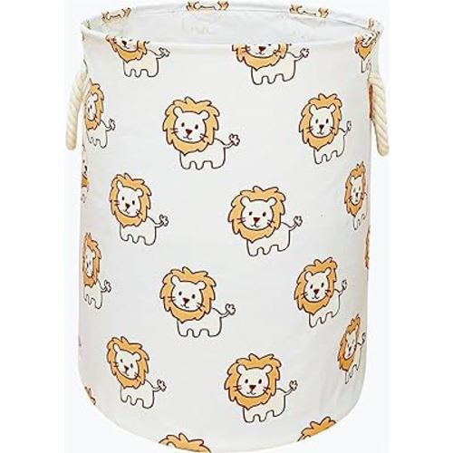 Round Laundry Basket, Waterproof Canvas Large Clothes Basket Laundry Hamper with Handles Kids Nursery Hamper for Kids Room,Toy Storage(lion)