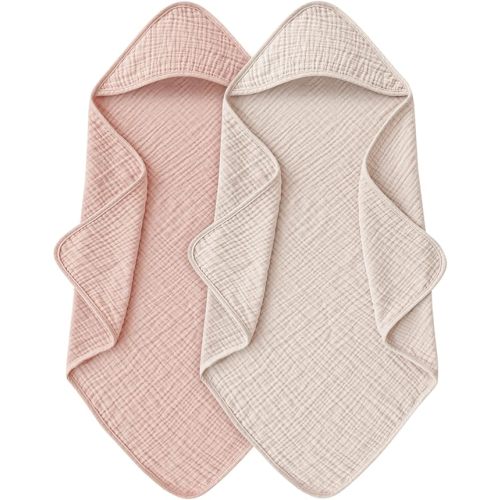 Hooded Baby Bath Towels, 100% Muslin Cotton Baby Girl Towels with Hood for Neutral Newborn Infants, Soft & Absorbent, Large Size - 32 * 32 Inches (Ivory & Pink)