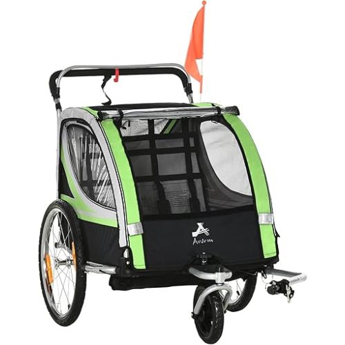 Aosom 2-in-1 Double Baby Jogging Stroller, Bike Trailer for Kids & Toddlers with Handbrake, 5 Point Harness, Waterproof Cover, Storage Bag, Safety Flag, Reflectors