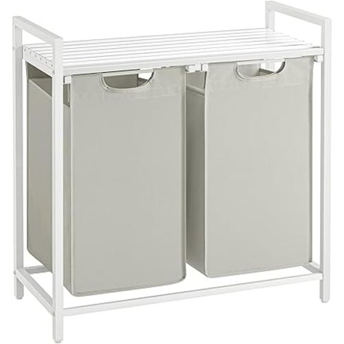 VASAGLE Laundry Hamper, Laundry Basket, Laundry Sorter with 2 Pull-Out and Removable Bags, Shelf, Metal Frame, 2 x 12.1 Gallons (46 L), 28.8 x 13 x 28.4 Inches, Cream White and Cloud White UBLH201W01