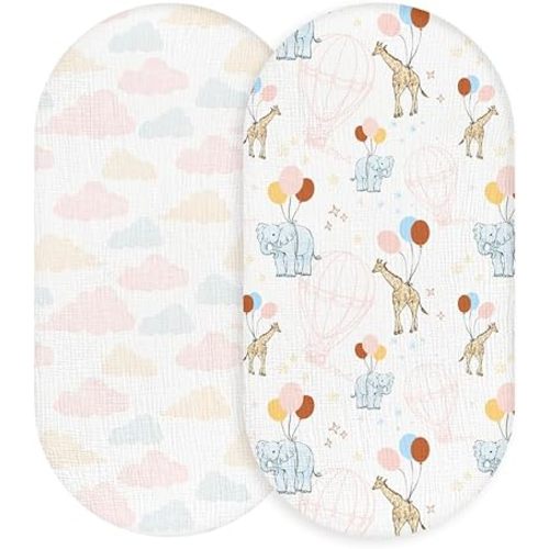 Muslin Bassinet Fitted Sheets, 2 Pack for Baby Boy and Girl, Soft Breathable Baby Pad/Mattress Sheet, Fit for Hourglass Oval and Rectangle Bassinet Mattress (Cute Animals)
