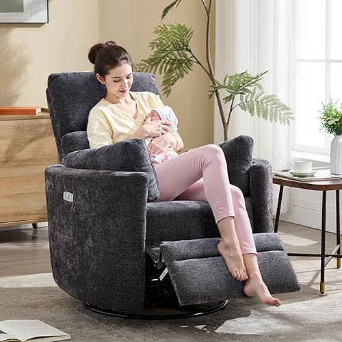 choairy Power Recliner,Nursery Swivel Rocking Glider Chair with USB Port,Electric Upholstered Adult Recliner Rocking Chair with 2 Pillows for Living Room Bedroom (Drak Grey, Power-Driven)