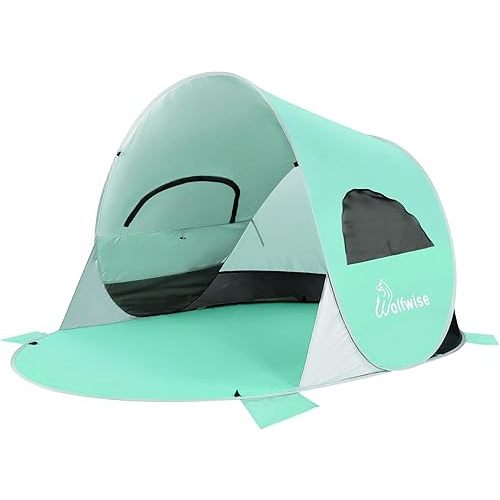 WolfWise UPF 50+ Easy Pop Up 3-4 Person Beach Tent Sport Umbrella Instant Sun Shelter Tent Sun Shade Canopy, Mint Green