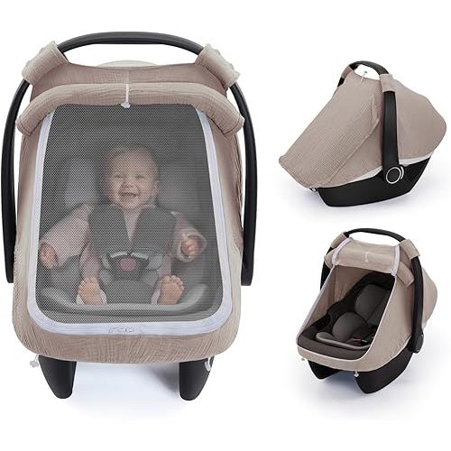 Blissful Diary Baby Car Seat Cover, Extra Large Mesh Window, Breathable Muslin Cotton, Infant Windproof Canopy, Agreeable Gray