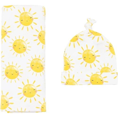 Little Sleepies Newborn Swaddle + Hat Set, Viscose Derived from Bamboo Baby Wrap, Sunshine