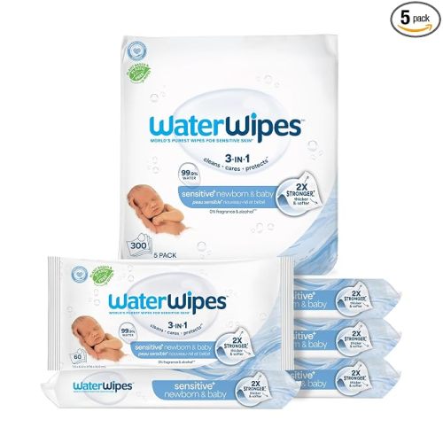 WaterWipes Sensitive+ Newborn & Baby Wipes, 3-In-1 Cleans, Cares, Protects, 99.9% Water, Unscented & Hypoallergenic, 300 Count (5 Packs)