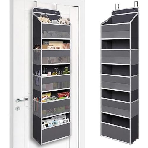 Over Door Organizer with 5 Large Pockets, Heavy Duty Hanging Organizer Storage, Closet Bathroom Nursery Bedroom Dorm, Toys Cosmetics Sundries and Baby Essentials, Gray