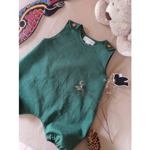 Linen unisex vintage baby bubble romper,Boho forest green linen baby romper,retro linen kids onesie,summer baby sunsuit,baby shower gift,