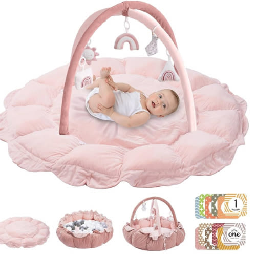 HAN-MM 5-in-1 Convertible Baby Play Gym with 6 Toys, Tummy Time Mat for Sensory Development, Baby Activity Center from Newborn to Toddler, Ball Pit, Cat & Dog Bed, Soft Plush Pet Bed, Pink