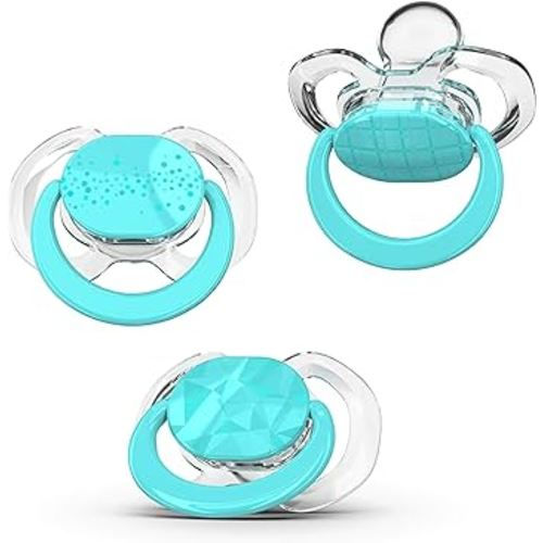 Smilo Baby Pacifier with Orthodontic Design for Healthy Dental Development - Stage 1 for Babies 0-3 Months - Pack of 3X 100% Silicone Newborn Pacifiers BPA Free - Aqua Blue