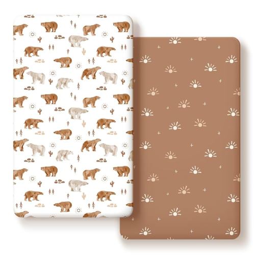GRSSDER Stretchy Ultra Soft Jersey Knit Fitted Crib Sheets Set 2 Pack, Fit All Standard Crib Mattress Pads Safe and Snug, Crib Fitted Sheet for Boys and Girls, Stylish Print of Sunny Bear