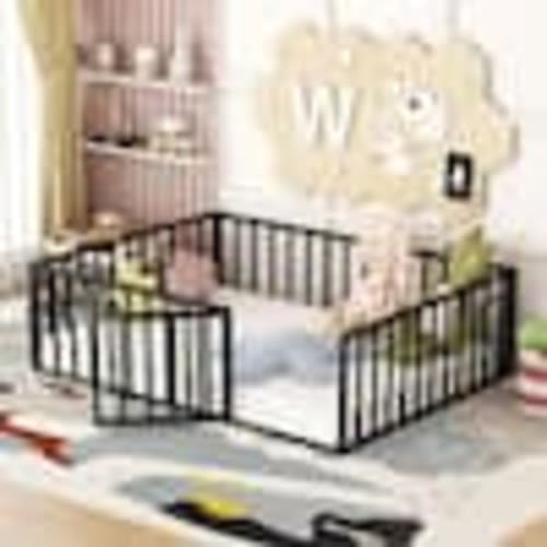 Harper & Bright Designs Black Metal Frame Full Size Floor Platform Bed with Full-Length Fence Guardrails and Door NT013AAB-F