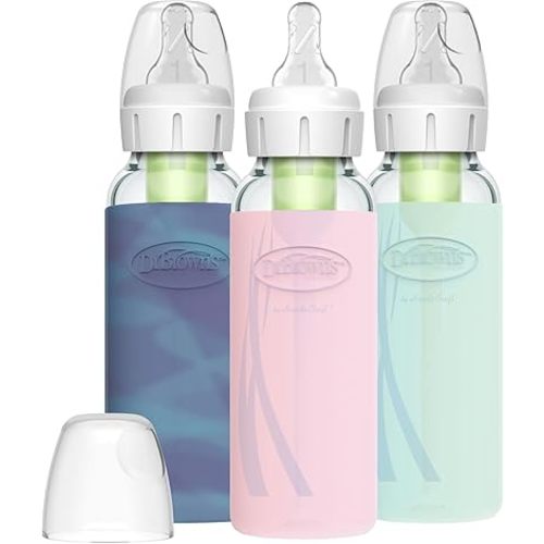 Dr. Brown's Natural Flow Anti-Colic Options+ Narrow Glass Baby Bottle, 8 oz/250 mL, with Silicone Bottle Sleeve, 3 Pack, Glow/Pink/Mint