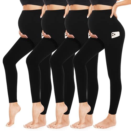 4 Pack Women’s Maternity Leggings with Pockets Over The Belly Butt Lift - Soft Workout Pregnancy Yoga Pants