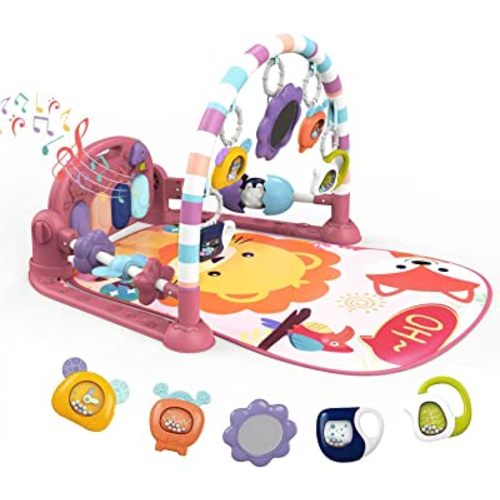 Dearlomum Play Mat and Gym - Piano Tummy Time Activity Mat With 5 Sensory Toys, Music and Lights - Gifts for Newborn 0 to 12 Months (New Pink)
