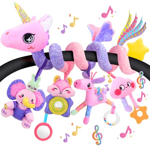 Car Seat Toys for Girls - 0-12 Months Baby Toys Spiral Stroller Music Carseat Toys with Rattle, Mirror, 5-in-1 Separable Activity Hanging Toy Newborn Sensory Toy Essentials Gifts, Unicorn