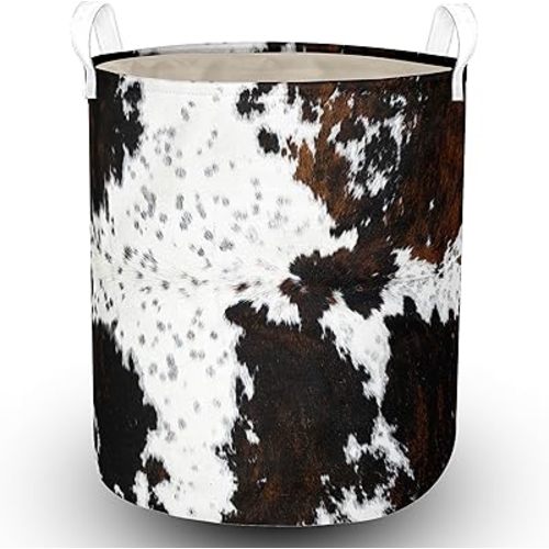 Highland Cow Laundry Basket with Lining Cowskin Printed Boys Girls Laundry Hamper for Clothes Storage Toys Bin Brown and White Cow Home Decor (Bull, 43L)