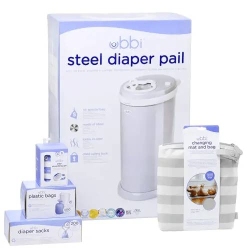 Ubbi Diaper Changing Value Gift Set, Baby Registry Gift, Includes Gray Diaper Pail, Absorbing Gels, Travel Changing Mat & Bag, Diaper Pail Waste Bags and On-the-Go Waste Sacks