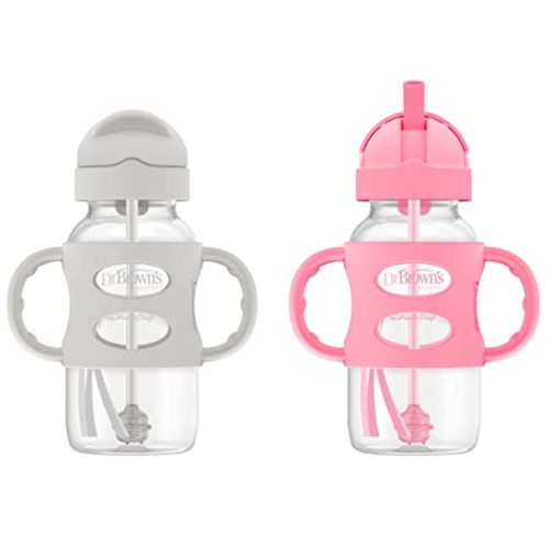 Dr. Brown's Milestones Wide-Neck Sippy Straw Bottle with 100% Silicone Handles and Weighted Straw, 9 oz/270 mL, Gray & Pink, 6m+, 2 Count (Pack of 1)