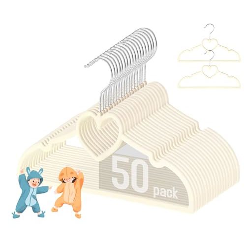 GOSCHE Baby Velvet Hangers 50 Pack, Durable Toddler Hangers for Closet, 12.8 inch Cute Kids Hangers, Premium Velvet Children Hangers for Infant, Non-Slip, Cream