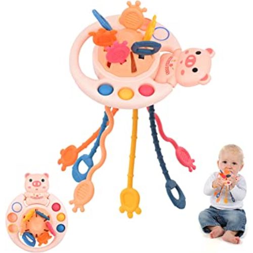 Baby Sensory Toys Montessori Pull String Activity Motor Skills for Travel,Infants Toddlers Early Development Toys, Boys Girls Birthday Gift Montessori Toys for 18M+,Pig