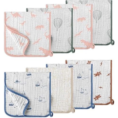 Muslin Burp Cloths, 100% Cotton – 6 Layers Super Soft Absorbent & Breathable, Burp Cloths Baby Boy and Burp Cloths Baby Girl, 20"x10", Newborn Essentials - Pack of 8