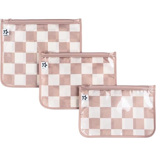 Tiny Twinkle Mess-proof Travel Bags, Airline Compliant, Zipper Closure, Clear Front Pouch, Diaper Bag Packing, Toiletry or Cosmetics Organizer 3 Pack Set - Beige Checkers