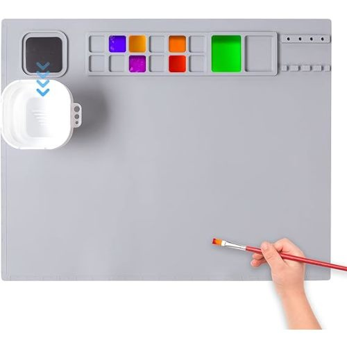 AWOKE Silicone Painting Mat - 20"X16" Silicone Art Craft Mat with 1 Water Cup for Kids -12 Color Dividers - 2 Paint Dividers (Grey)