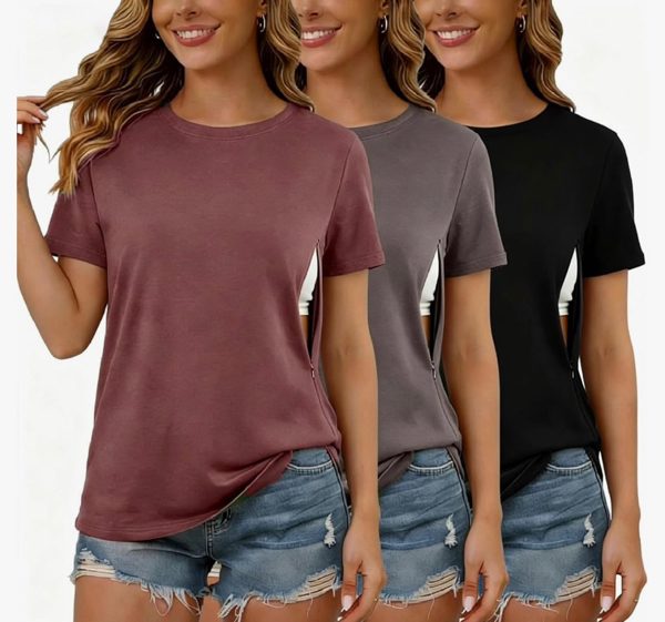 Women's Nursing Shirts for Breastfeeding with Hidden Zipper Short Sleeves 3 Pack Maternity Nursing Tops