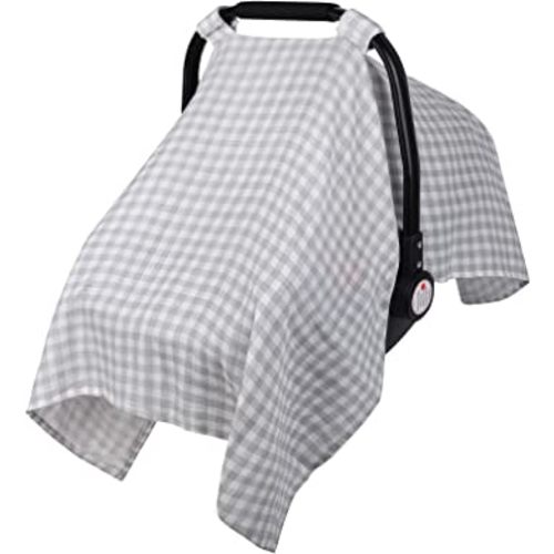 Muslin Car Seat Canopy for Boys Girls, Breathable Infant Carseat Cover, Lightweight Baby Carrier Cover, Newborn Shower Gift, Fit Spring Summer/Hot Days/Warm Weather, Gray Grid