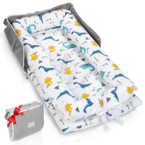 Baby Lounger for Newborn to Toddler 0-24 Months - Portable Infant Lounger with Breathable Cotton, Adjustable Size & Lengthen Space Travel Strap for Home, Outdoor (2. Dinosaur)