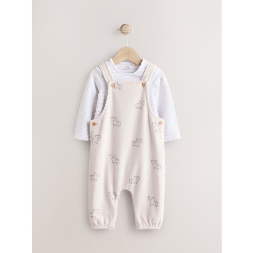 Next | Grey Bear Velour Dungaree and Bodysuit Set