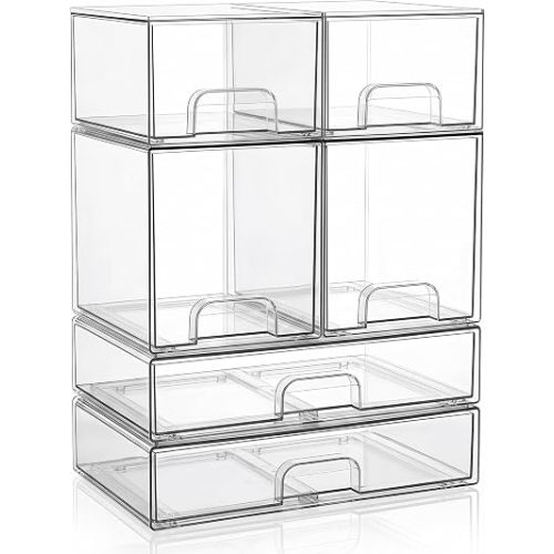 Clear Stackable Storage Drawers: Baby Bottle Storage Organizer, Acrylic Bottles Station Organizer Container for Countertop, Vanity, Bathroom, Cabinet Organization - 6 Pack