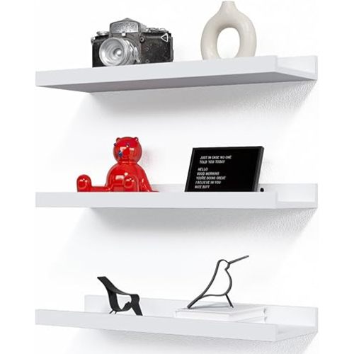 RICHER HOUSE 3 Set White Floating Shelves, Wall Mounted White Shelves for Wall Decor, Picture Ledge Shelf with Lip for Wall Storage Nursery, Bedroom, Living Room, Bathroom - White