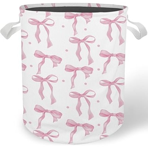 Pink Bow Girl Laundry Basket Hamper, Toybox for Girls, Coquette Preppy Bow Waterproof Collapsible Storage Bin Organizer for Bedroom Bathroom Girls Room Dorm Clothes Toys Books