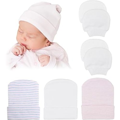 DRESHOW BQUBO Newborn Hospital Hat and Mittens Infant Baby Beanie Soft Cotton Cute Knot Nursery Cap for 0-6 Months Girls Boys