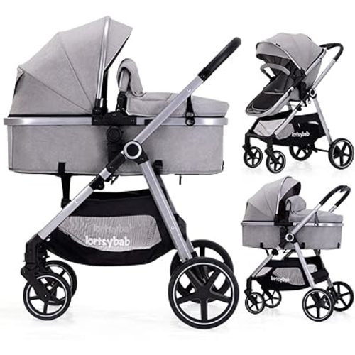 2-in-1 Baby Stroller with Bassinet Mode - Folding Infant Newborn Pram Stroller with Reversible Seat - Toddler Strollers for 0-36 Months Old Babies (Gery)