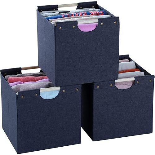 HOONEX Collapsible Storage Bins, 12x12x12in Storage Cubes Linen Fabric, 3 Pack, Storage Baskets with Wooden Carry Handles and Sturdy Heavy Cardboard, for Home, Office, Car, Nursery, Blue