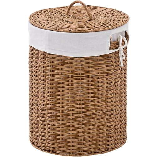 Round Wicker Laundry Hamper with Lid Handwoven Rattan Basket with Handles for Dirty Clothes, 2 Washable Liner Bags, No Assembly Required, Washable Basket, 40L