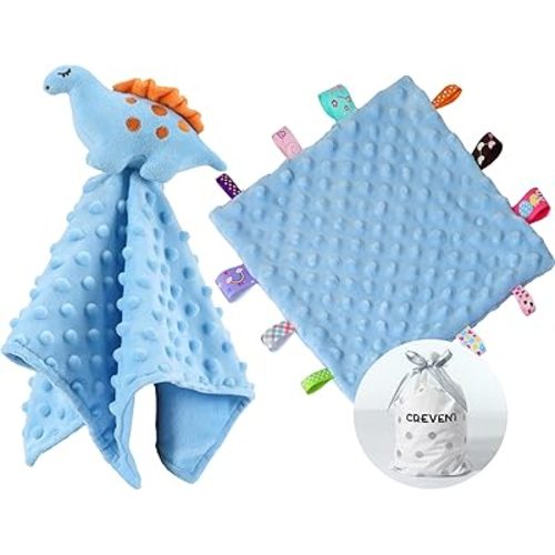 CREVENT Cozy Plush Baby Security Blanket Loveys for Baby Boys, Minky Dot Front + Sherpa Backing with Animal Face (Blue Dinosaur + Tag)